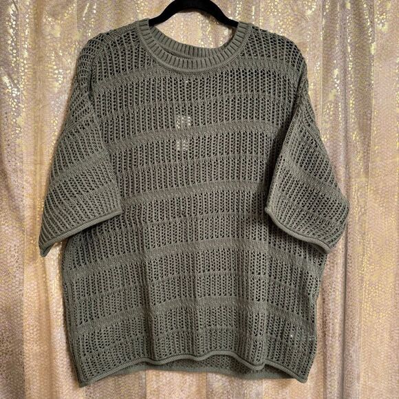 Aerie Olive Green Crochet Knit Oversized Short Sleeve Sweater Small NWT - Picture 1 of 5